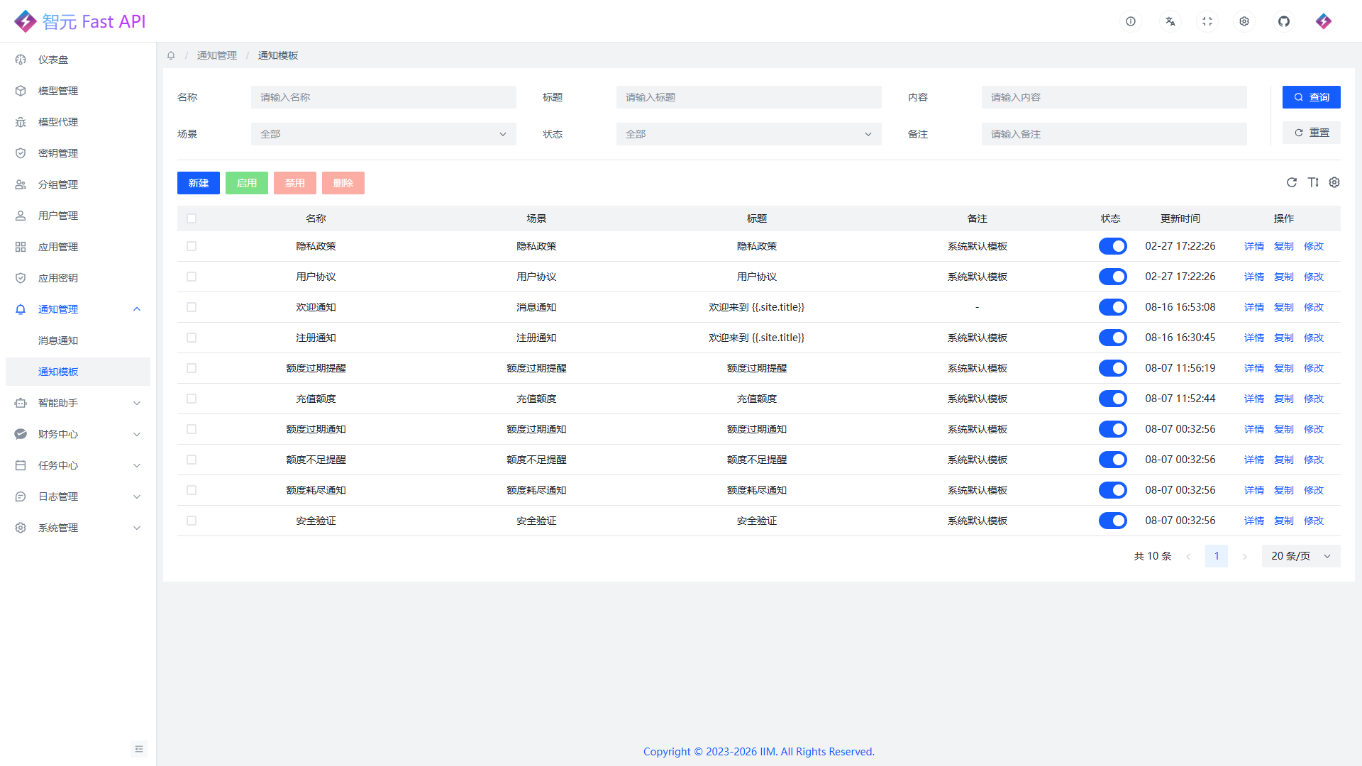 通知模板列表页